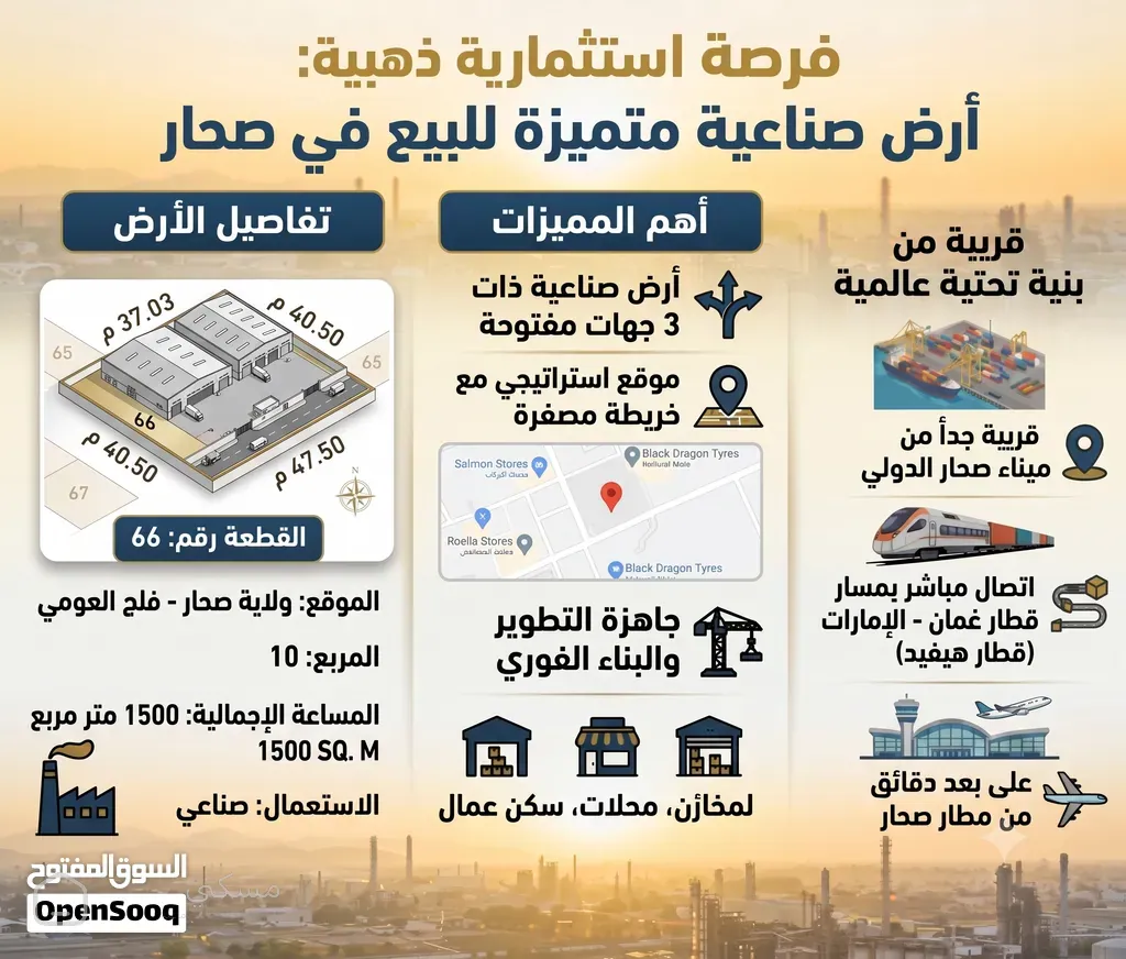 3 side open Corner Prime Sohar Near Airport &train أرض صناعية كورنر مفتوحة من 3 جهات للبيع في صحار