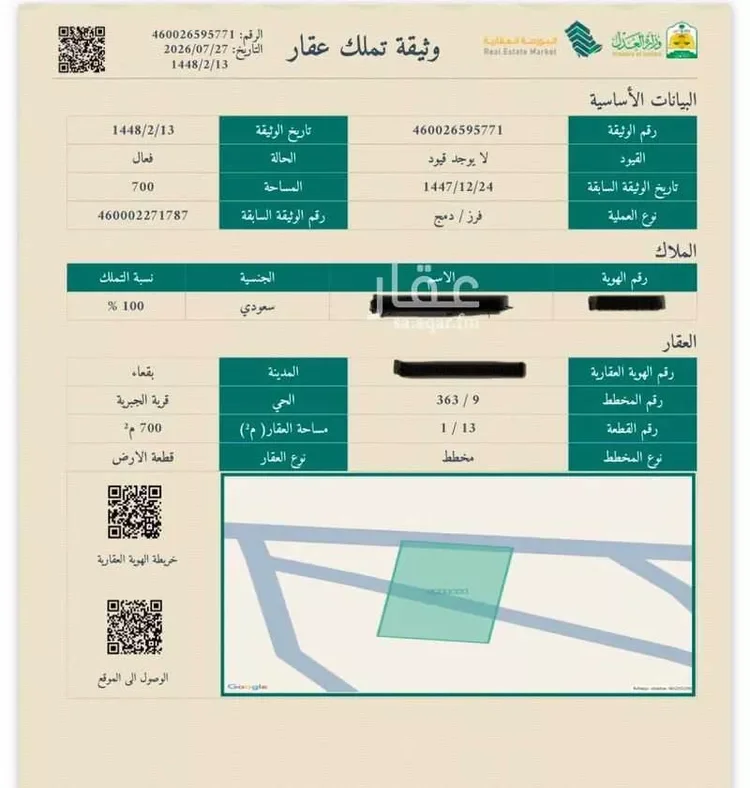 أرض للبيع في حي مخطط بقعاء الشرقية
