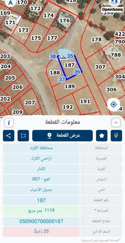 ارض للبيع الكرك ( مساحه 1119 متر مربع ) سكني